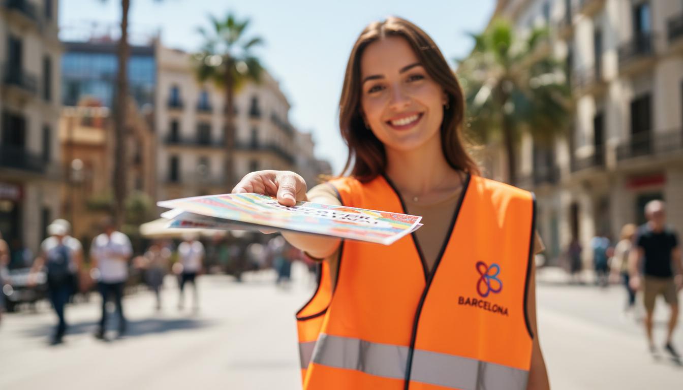 Brand Missionary distributing flyers on the street in Barcelona